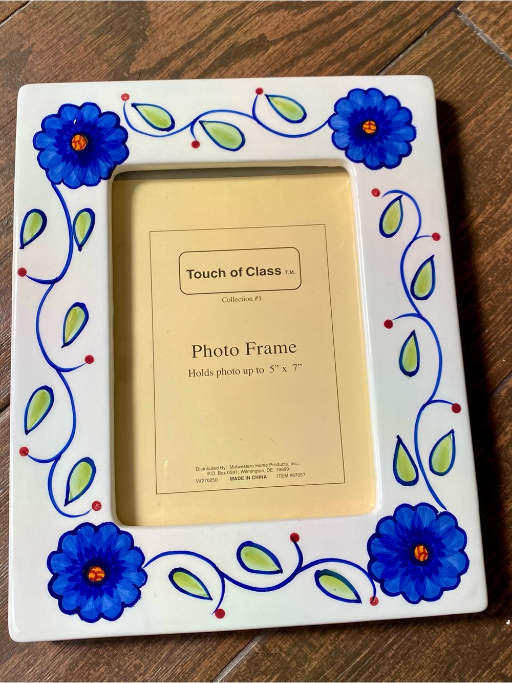 White Ceramic Photo Frame with Blue Floral Design